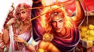 Изображение мифологических фигур, рекламирующих турнир Blitz Spinomenal в Джозз на фоне яркого света и сокровищ.