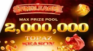 Изображение, рекламирующее турнир Spinoleague Topaz Season в Jozz с призовым фондом в 2 миллиона евро на фоне огненной сцены.